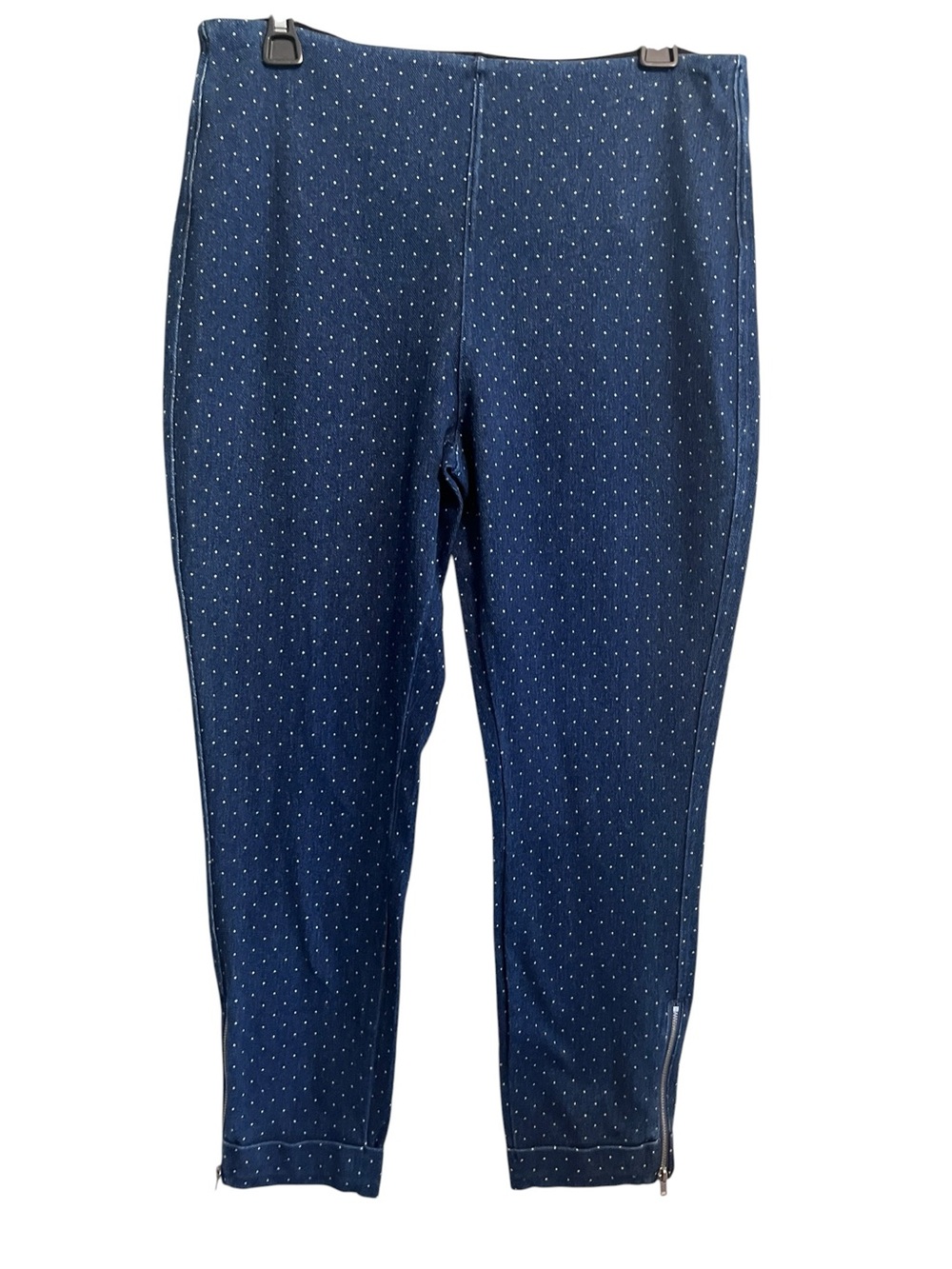 Lysse Denim Crop Pants  XL Blue Polka Dot Zip Ankle Tummy Control Coastal